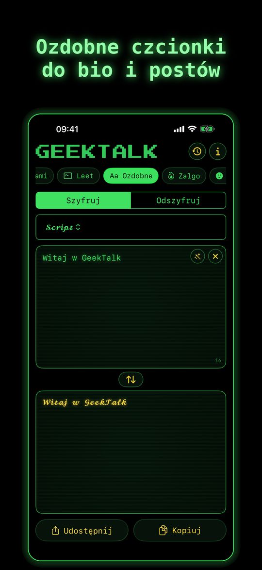 Zrzut ekranu GeekTalk2: ozdobne czcionki