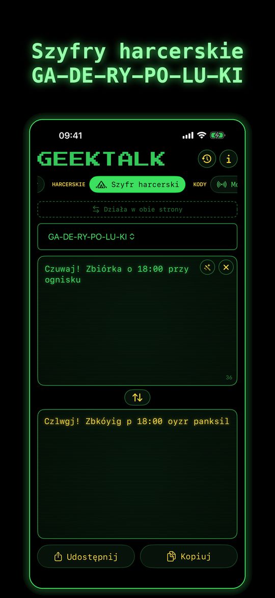 Zrzut ekranu GeekTalk2: szyfr harcerski