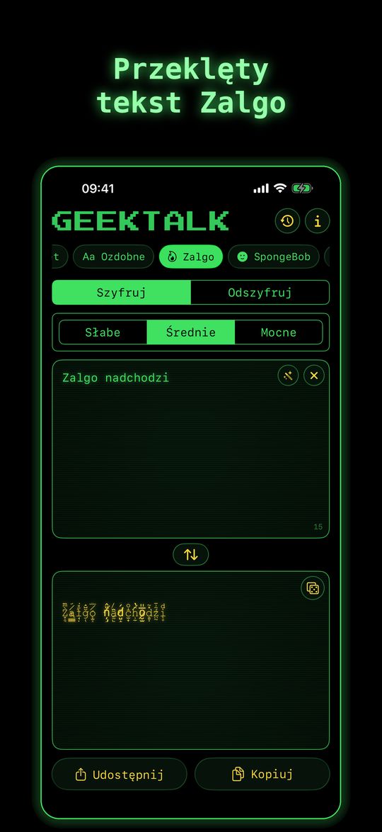 Zrzut ekranu GeekTalk2: tekst Zalgo